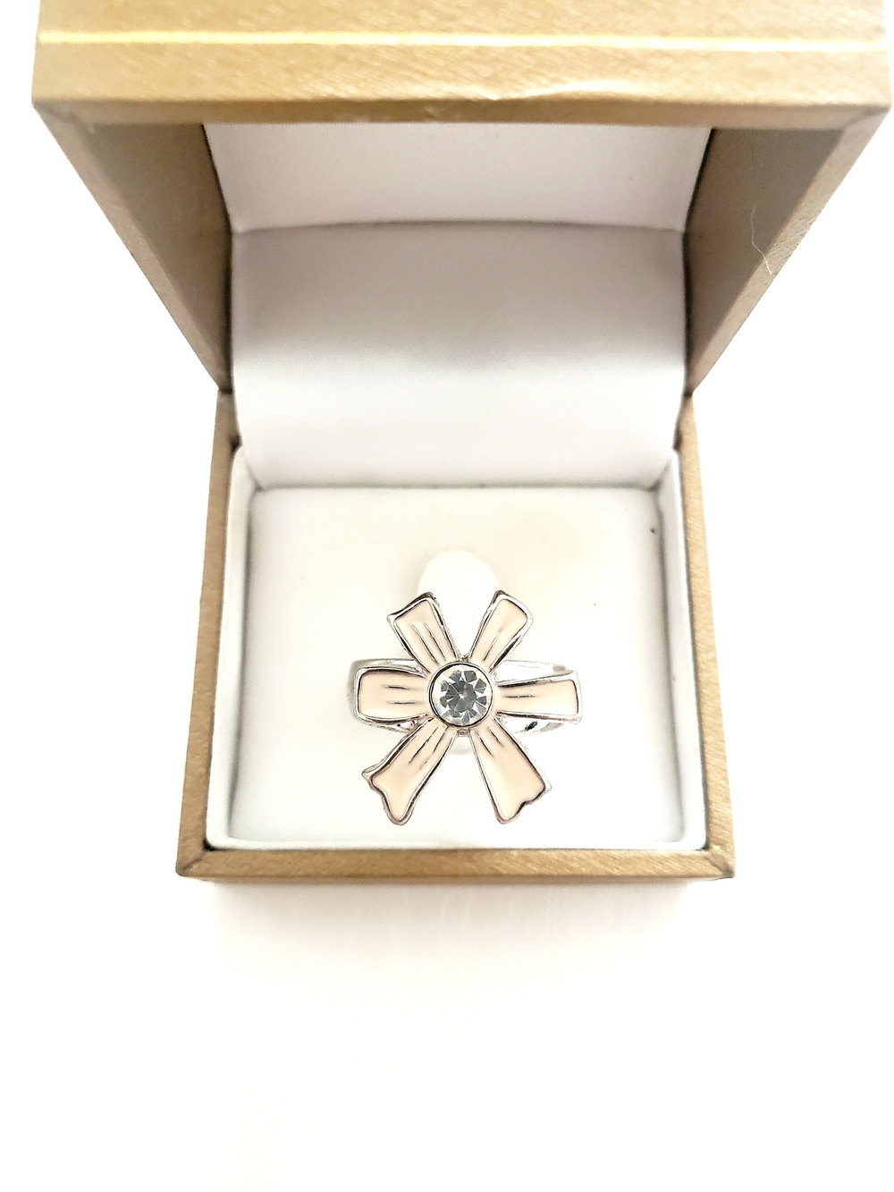 Cream Enamel Flower Ring with Clear Crystal Center